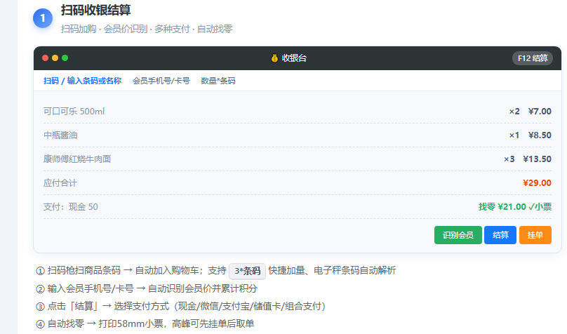 扫码收银界面，扫码枪扫条码即入单，支持数量乘条码快捷输入、电子秤条码直接解析，按F12一键结算，高峰排队几秒一单。