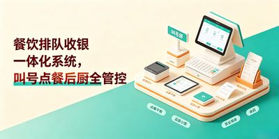餐饮收银一体化系统主界面,排队叫号、桌位点餐、收银结账、后厨厨显、扫码点餐、营业报表入口齐全,饭点高峰期也能从容操作。