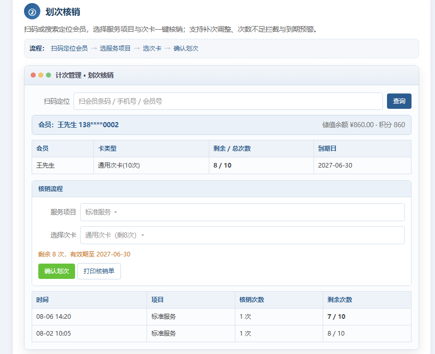 储值计次界面,储值卡充值余额自动扣减、赠送金额当场录入;计次卡支持单次、限次、通用、月卡、季卡、年卡六种类型。