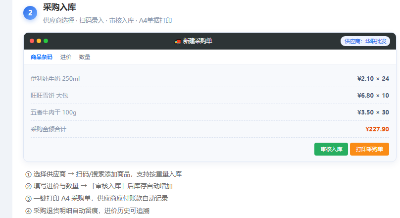 扫码收银界面，F12一键结算，扫码枪即插即用，支持数量乘条码快捷输入、电子秤条码解析，高峰期一单几秒钟。