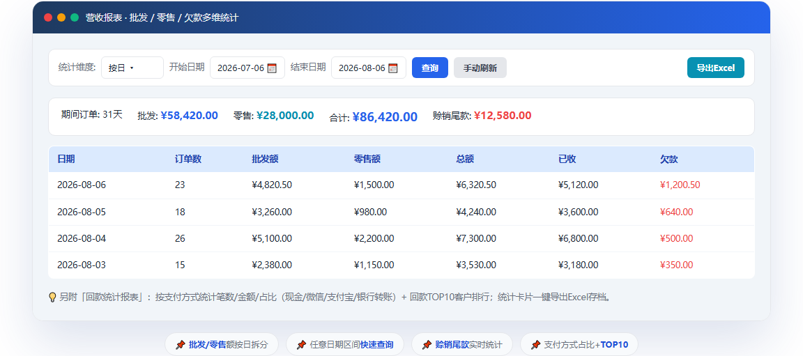 批发档口快速开单对账单机工具 · 软件运行界面截图（演示图 2）